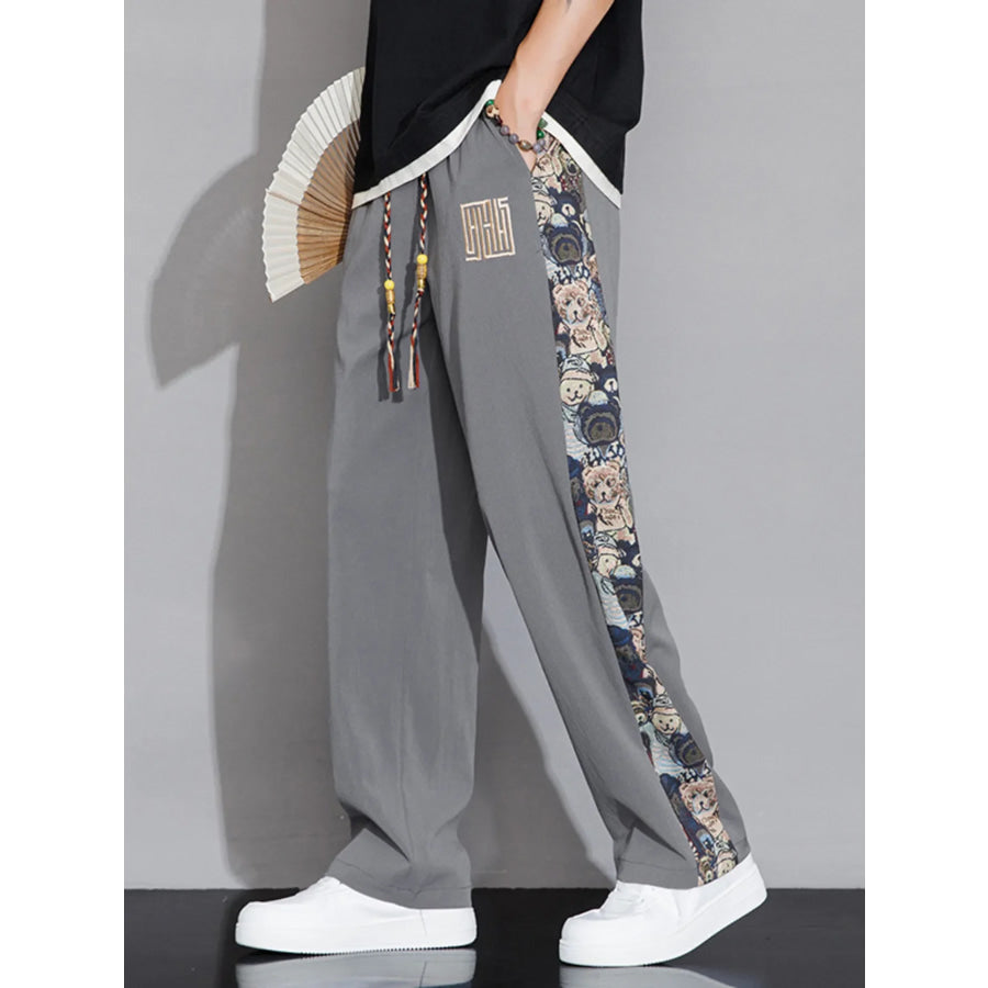Men’s Full Size Printed Side Stripe Loose Pants Plus Size Dark Gray / S Apparel and Accessories
