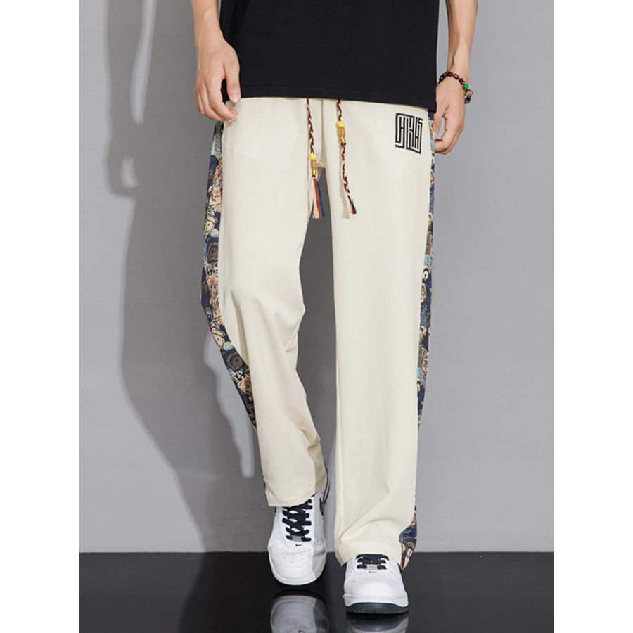 Men’s Full Size Printed Side Stripe Loose Pants Plus Size Eggshell / S Apparel and Accessories