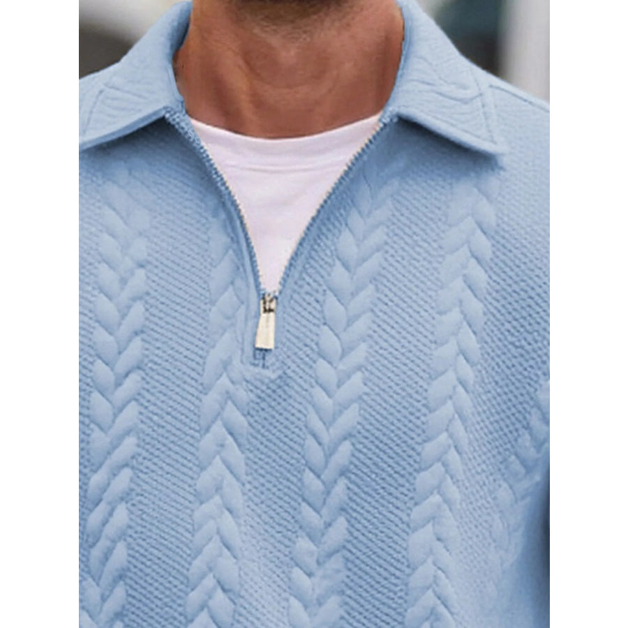 Men’s Full Size Quarter-Zip Cable Knit Jacquard Sweatshirt Plus Sky Blue / S Apparel and Accessories