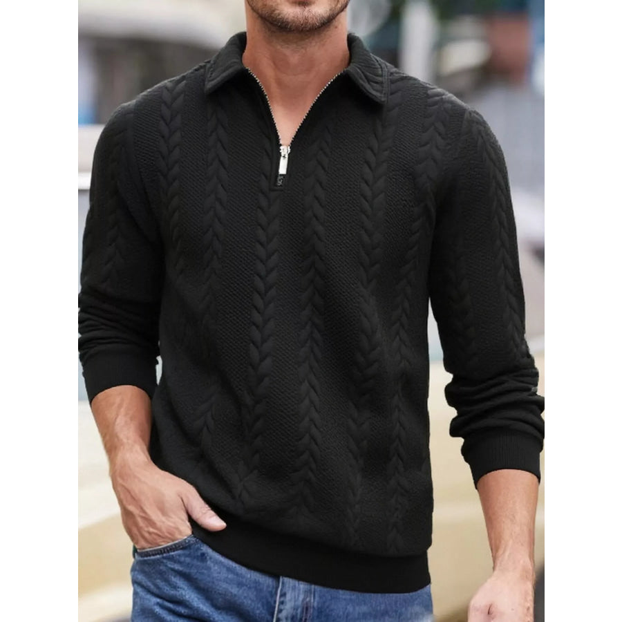 Men’s Full Size Quarter-Zip Cable Knit Jacquard Sweatshirt Plus Black / S Apparel and Accessories