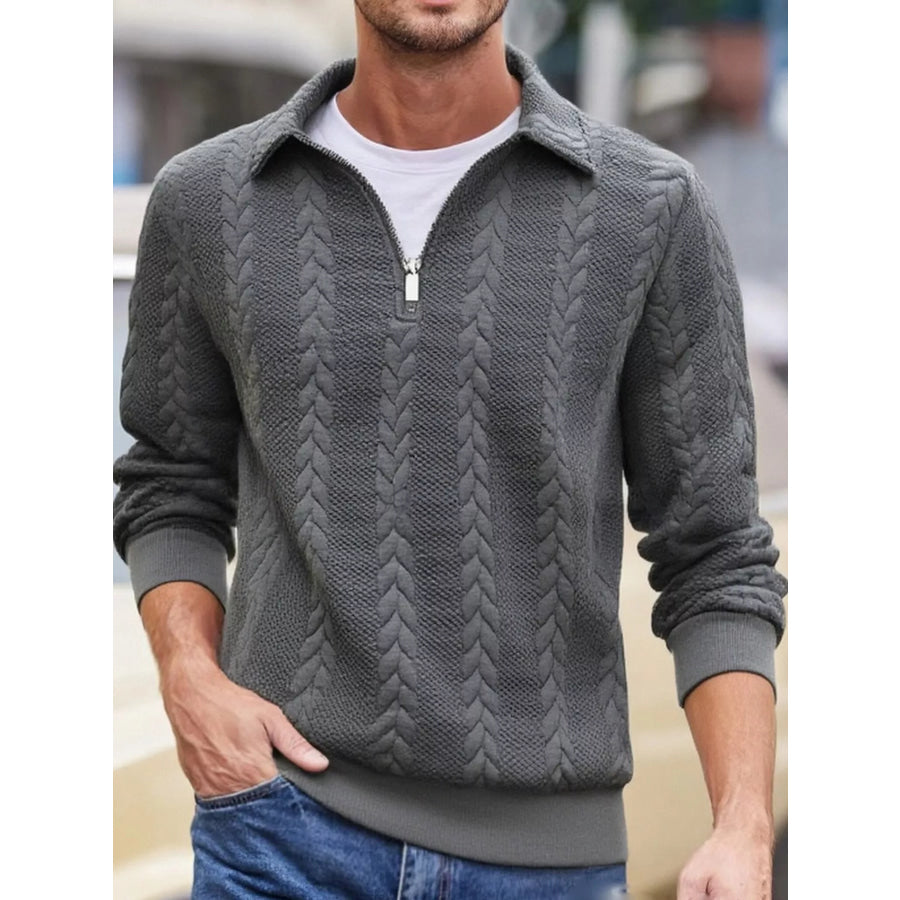 Men’s Full Size Quarter-Zip Cable Knit Jacquard Sweatshirt Plus Dark Gray / S Apparel and Accessories