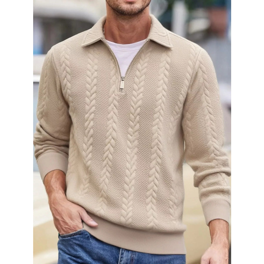 Men’s Full Size Quarter-Zip Cable Knit Jacquard Sweatshirt Plus Khaki / S Apparel and Accessories