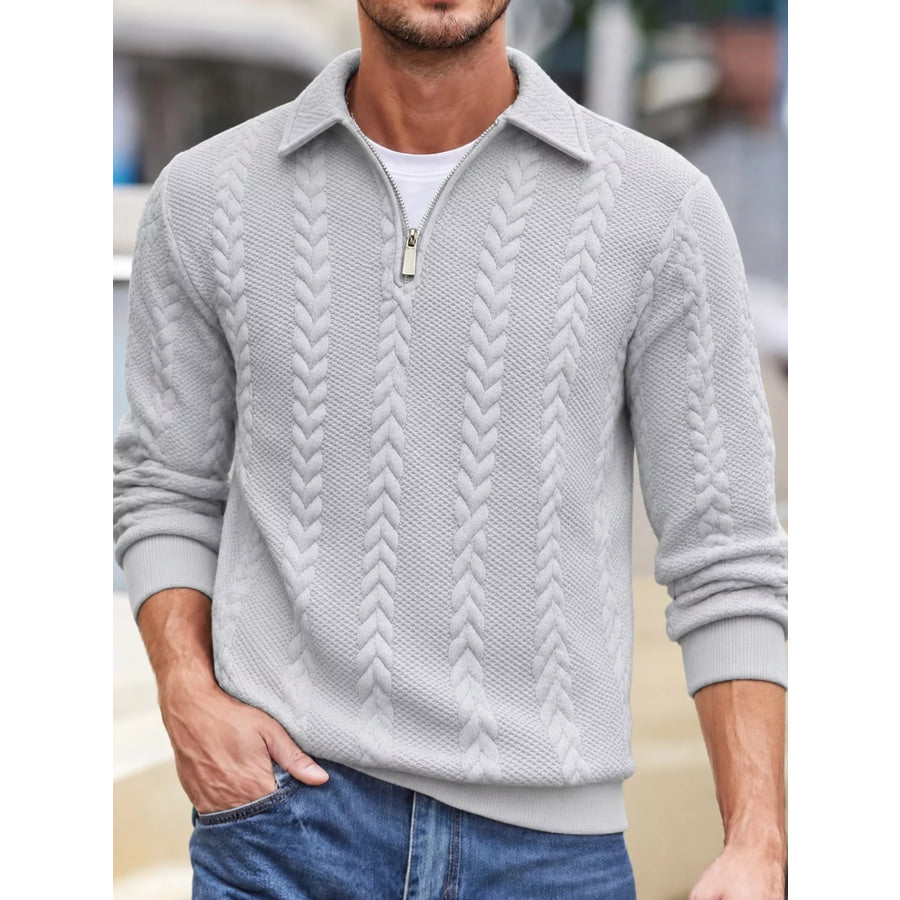 Men’s Full Size Quarter-Zip Cable Knit Jacquard Sweatshirt Plus Light Gray / S Apparel and Accessories