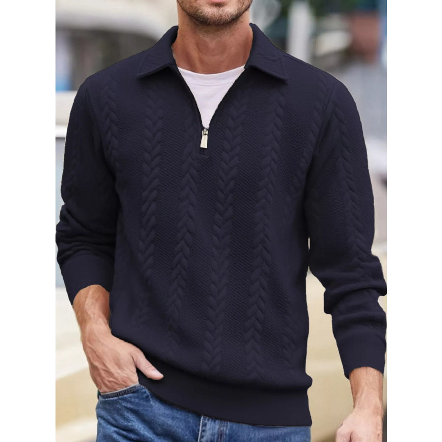Men’s Full Size Quarter-Zip Cable Knit Jacquard Sweatshirt Plus Navy / S Apparel and Accessories
