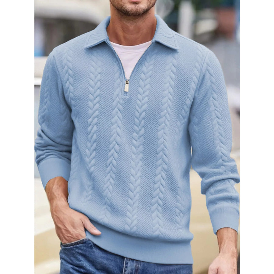 Men’s Full Size Quarter-Zip Cable Knit Jacquard Sweatshirt Plus Sky Blue / S Apparel and Accessories