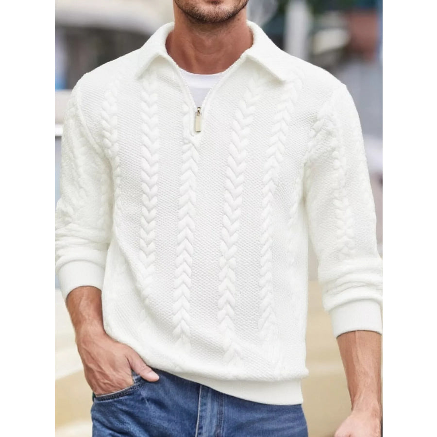 Men’s Full Size Quarter-Zip Cable Knit Jacquard Sweatshirt Plus White / S Apparel and Accessories