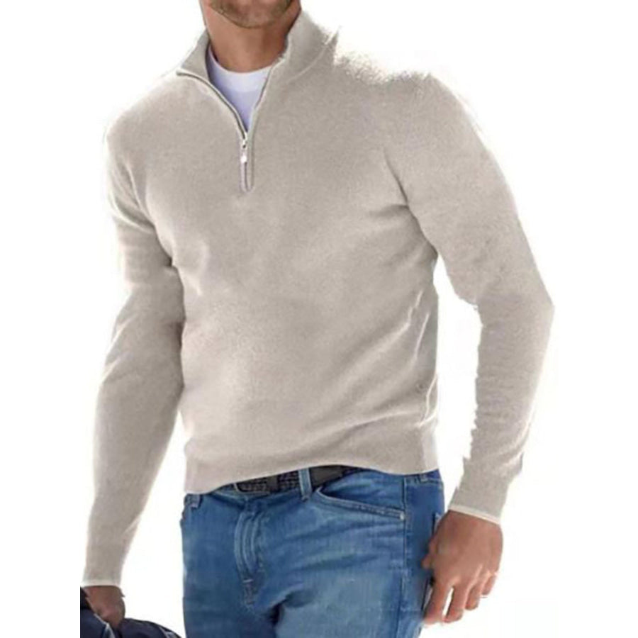 Men’s Full Size Quarter-Zip Long Sleeve Sweater Plus Beige / S Apparel and Accessories