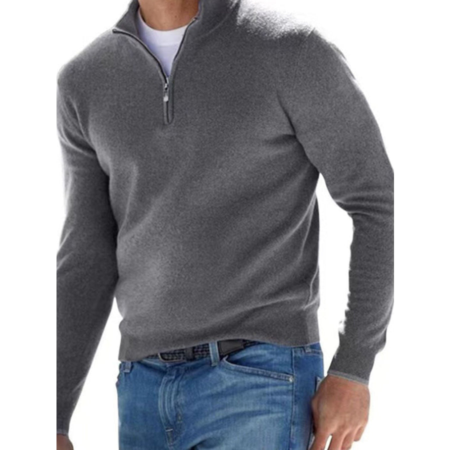 Men’s Full Size Quarter-Zip Long Sleeve Sweater Plus Grey / S Apparel and Accessories