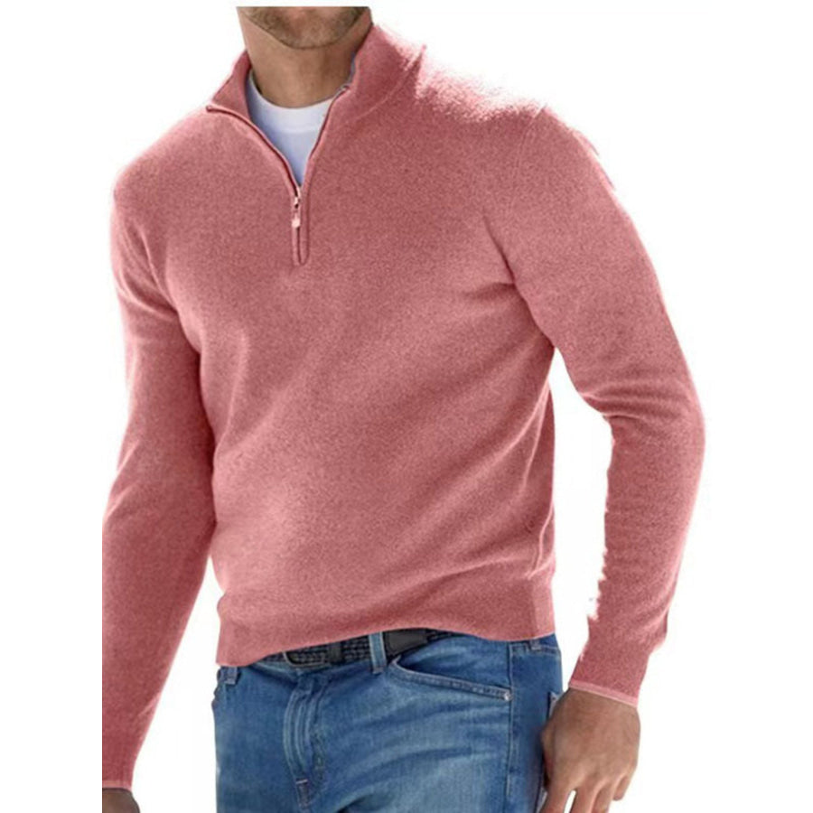 Men’s Full Size Quarter-Zip Long Sleeve Sweater Plus Pink / S Apparel and Accessories