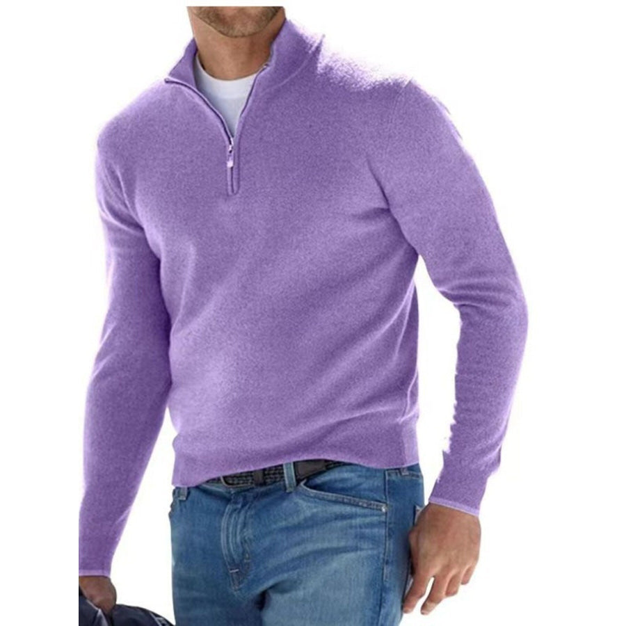 Men’s Full Size Quarter-Zip Long Sleeve Sweater Plus Purple / S Apparel and Accessories