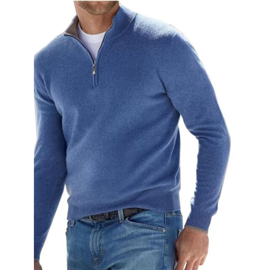 Men’s Full Size Quarter-Zip Long Sleeve Sweater Plus Royal Blue / S Apparel and Accessories