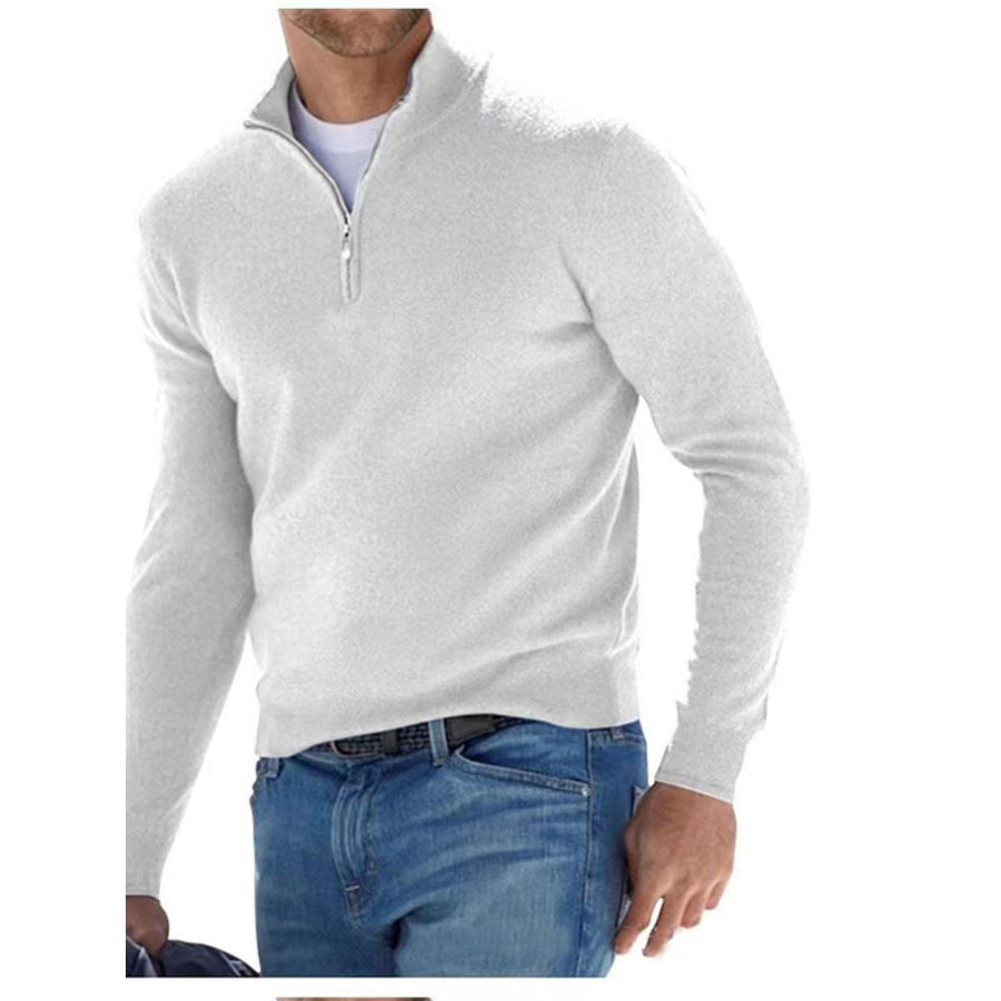 Men’s Full Size Quarter-Zip Long Sleeve Sweater Plus White / S Apparel and Accessories