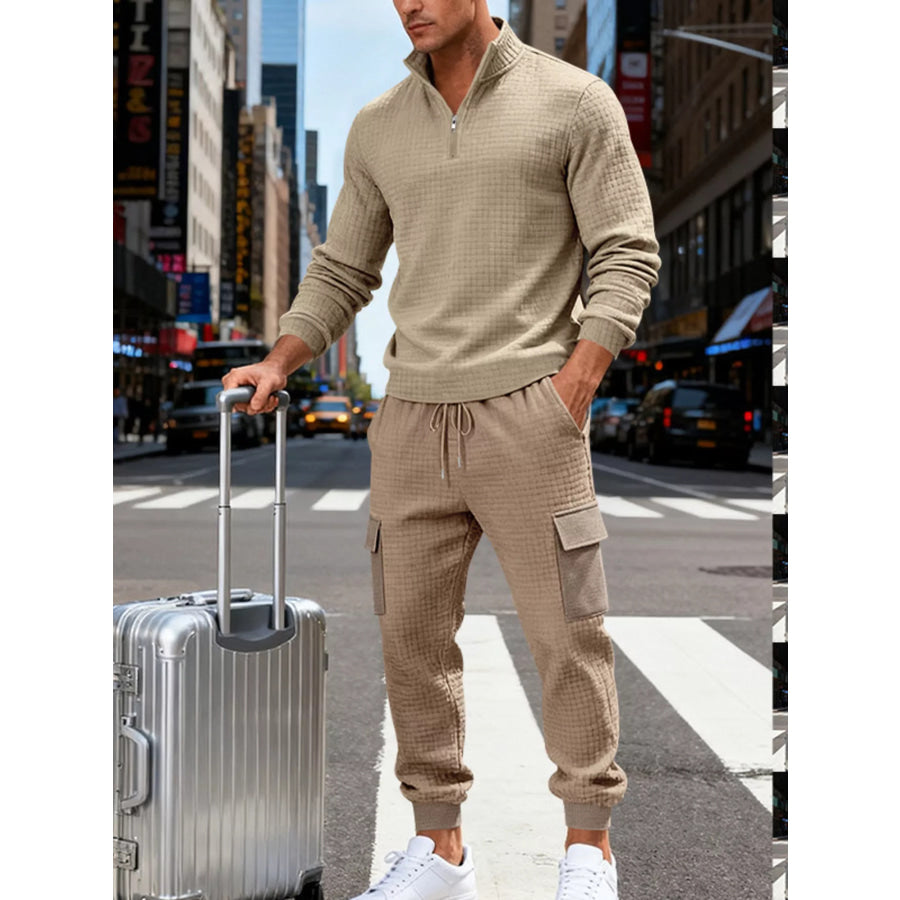 Men’s Full Size Quarter-Zip Top and Cargo Joggers Set Plus Size Apparel and Accessories