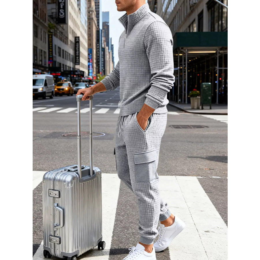 Men’s Full Size Quarter-Zip Top and Cargo Joggers Set Plus Size Apparel and Accessories
