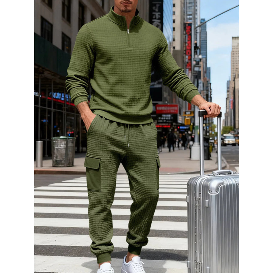 Men’s Full Size Quarter-Zip Top and Cargo Joggers Set Plus Size Army Green / S Apparel and Accessories