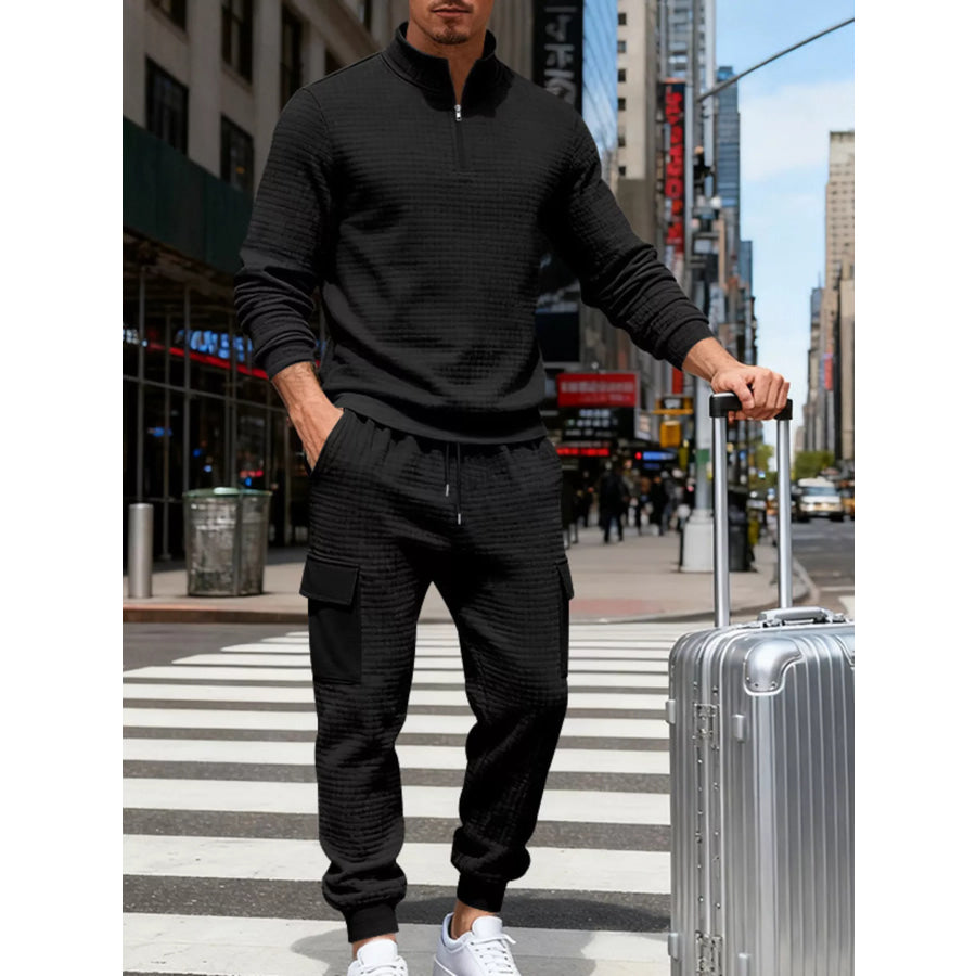 Men’s Full Size Quarter-Zip Top and Cargo Joggers Set Plus Size Black / S Apparel and Accessories