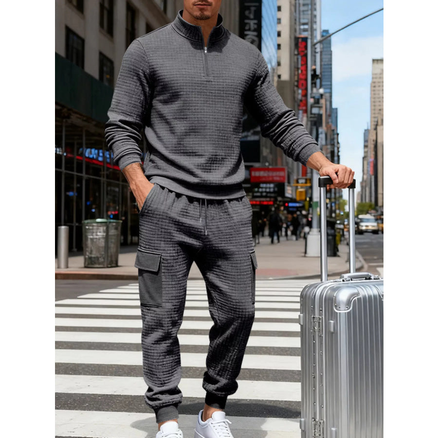 Men’s Full Size Quarter-Zip Top and Cargo Joggers Set Plus Size Dark Gray / S Apparel and Accessories