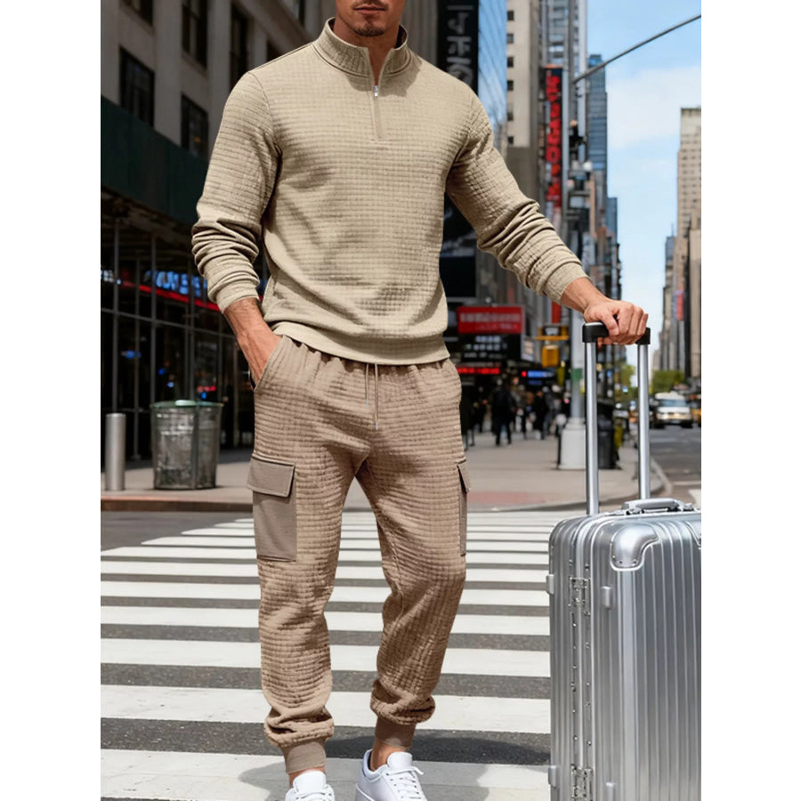 Men’s Full Size Quarter-Zip Top and Cargo Joggers Set Plus Size Khaki / S Apparel and Accessories
