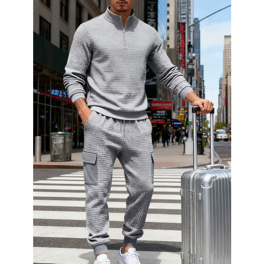 Men’s Full Size Quarter-Zip Top and Cargo Joggers Set Plus Size Light Gray / S Apparel and Accessories