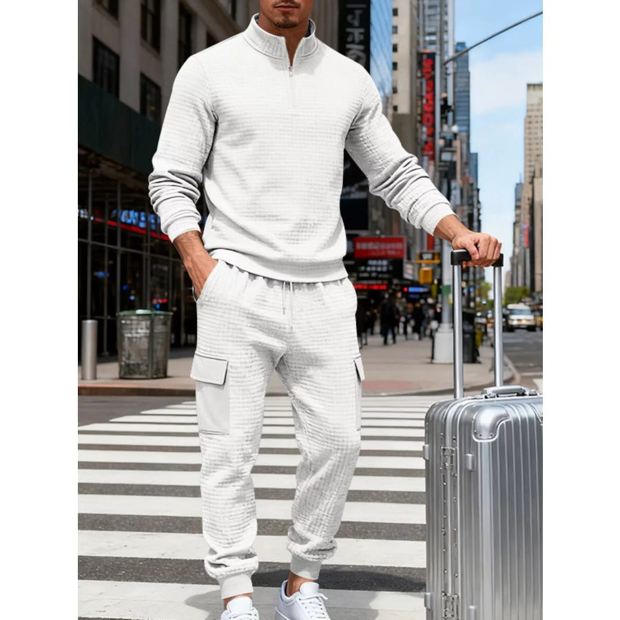 Men’s Full Size Quarter-Zip Top and Cargo Joggers Set Plus Size White / S Apparel and Accessories