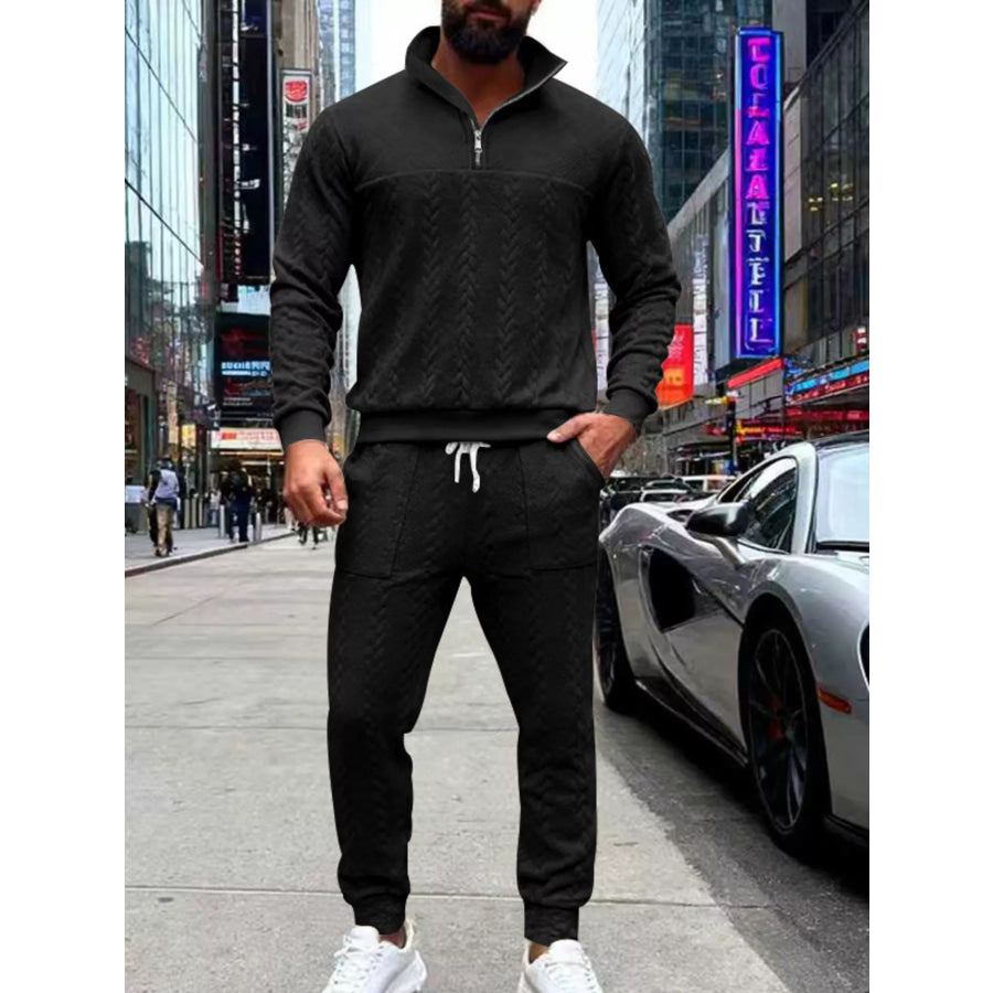 Men’s Full Size Quarter-Zip Top and Pants Set Plus Size Black / S Apparel and Accessories