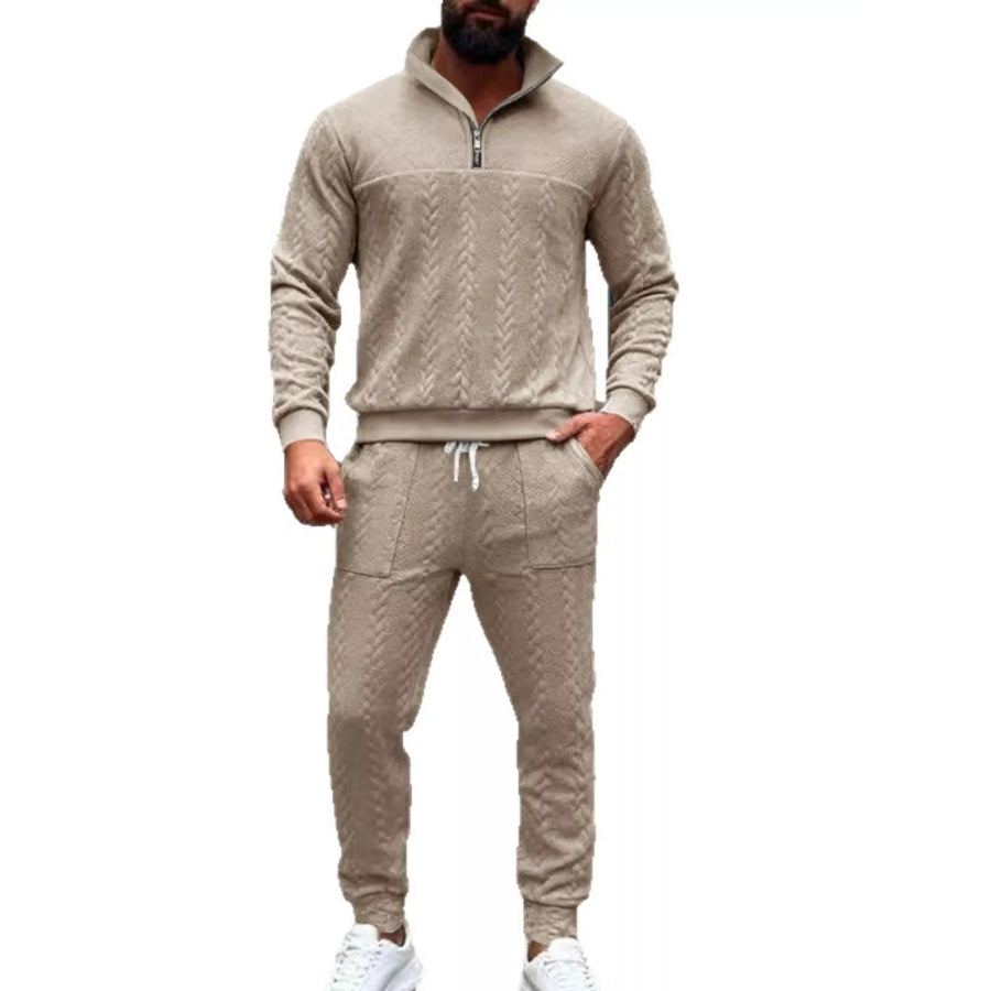 Men’s Full Size Quarter-Zip Top and Pants Set Plus Size Khaki / S Apparel and Accessories