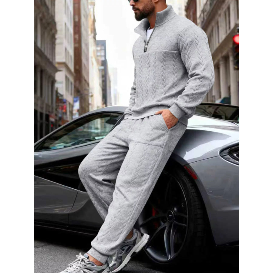 Men’s Full Size Quarter-Zip Top and Pants Set Plus Size Light Gray / S Apparel and Accessories