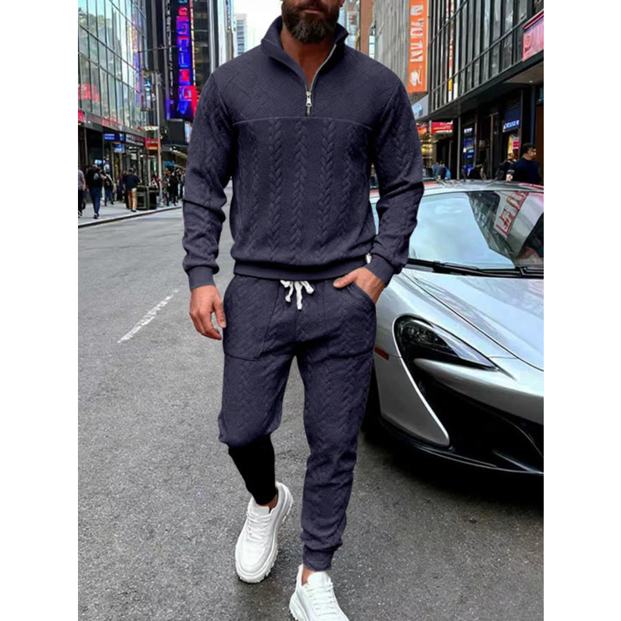 Men’s Full Size Quarter-Zip Top and Pants Set Plus Size Navy Blue / S Apparel and Accessories