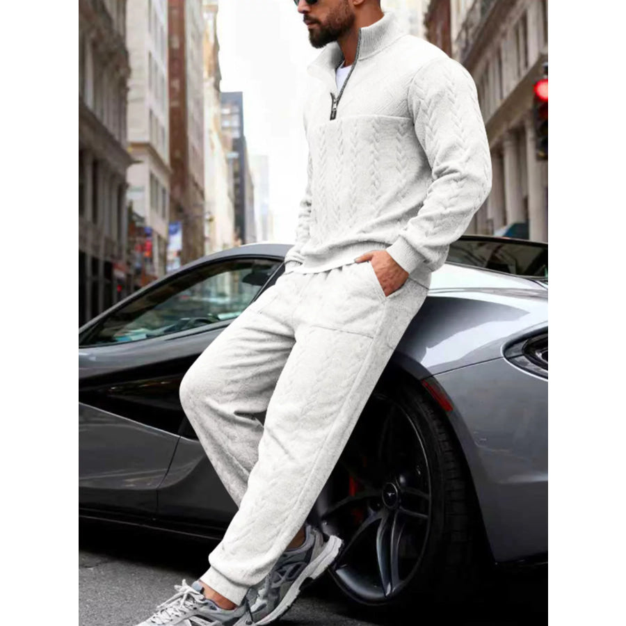 Men’s Full Size Quarter-Zip Top and Pants Set Plus Size White / S Apparel and Accessories