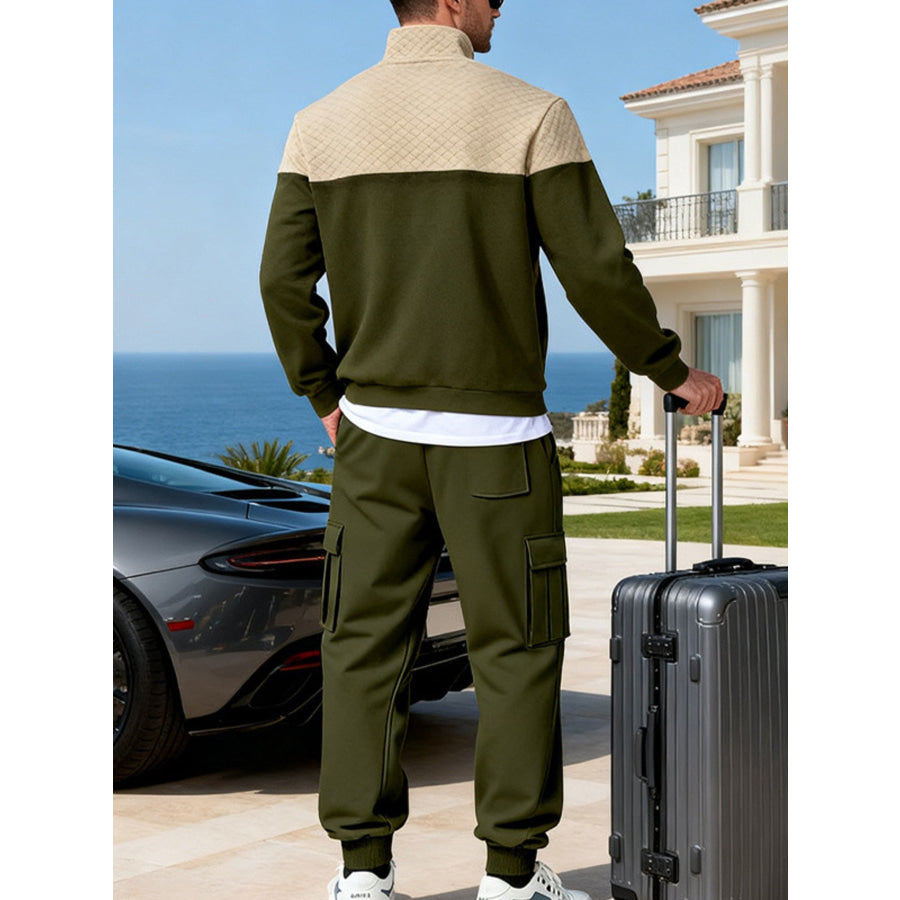 Men’s Full Size Quilted Quarter-Zip Top and Cargo Joggers Set Plus Apparel Accessories
