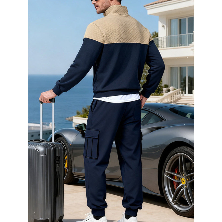 Men’s Full Size Quilted Quarter-Zip Top and Cargo Joggers Set Plus Apparel Accessories