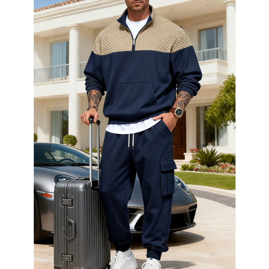 Men’s Full Size Quilted Quarter-Zip Top and Cargo Joggers Set Plus Navy Blue / S Apparel Accessories