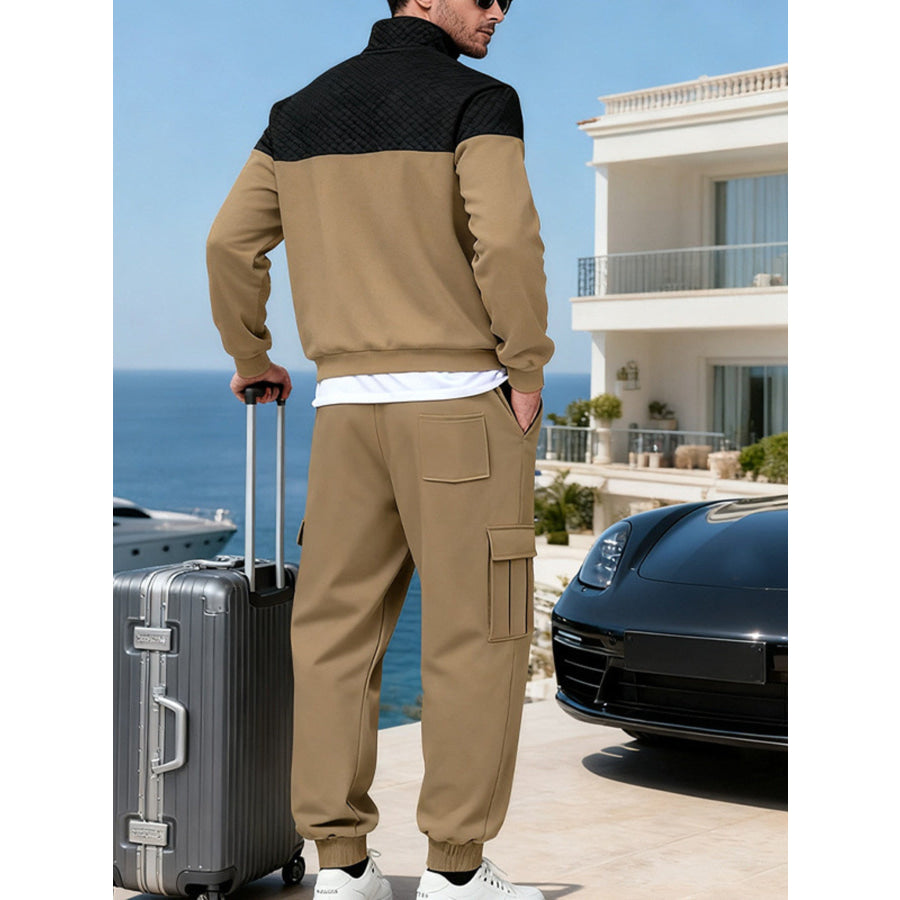Men’s Full Size Quilted Quarter-Zip Top and Cargo Joggers Set Plus Apparel Accessories