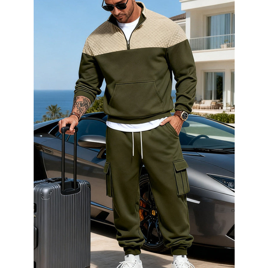 Men’s Full Size Quilted Quarter-Zip Top and Cargo Joggers Set Plus Army Green / S Apparel Accessories