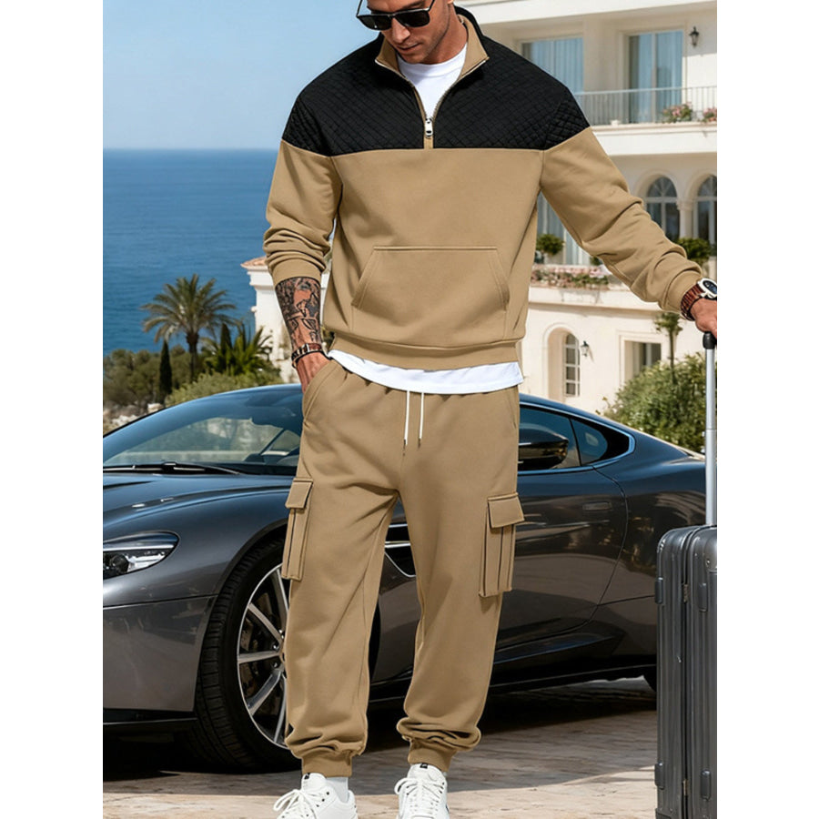 Men’s Full Size Quilted Quarter-Zip Top and Cargo Joggers Set Plus Camel / S Apparel Accessories