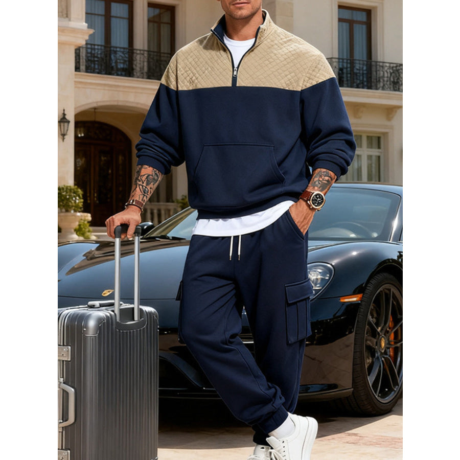 Men’s Full Size Quilted Quarter-Zip Top and Cargo Joggers Set Plus Navy Blue / S Apparel Accessories