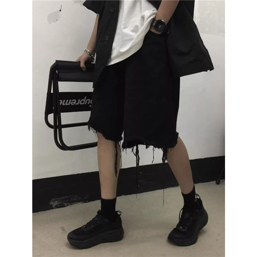 Men’s Full Size Raw Hem Shorts Plus Size Black / S Apparel and Accessories