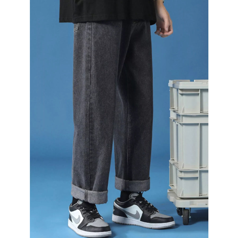 Men’s Full Size Relaxed Fit Cuffed Hem Jeans Plus Size Black / S Apparel and Accessories