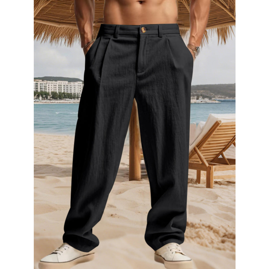 Men’s Full Size Relaxed Fit Pleated Pants Plus Size Black / S Apparel and Accessories