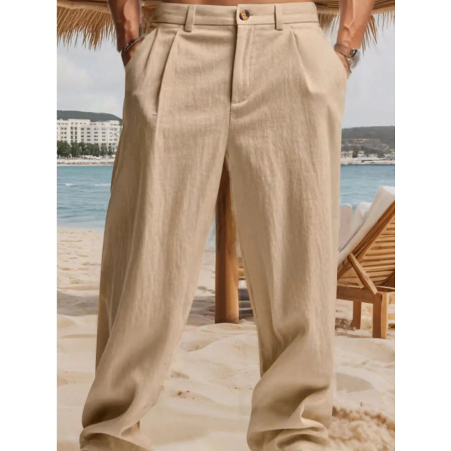 Men’s Full Size Relaxed Fit Pleated Pants Plus Size Khaki / S Apparel and Accessories