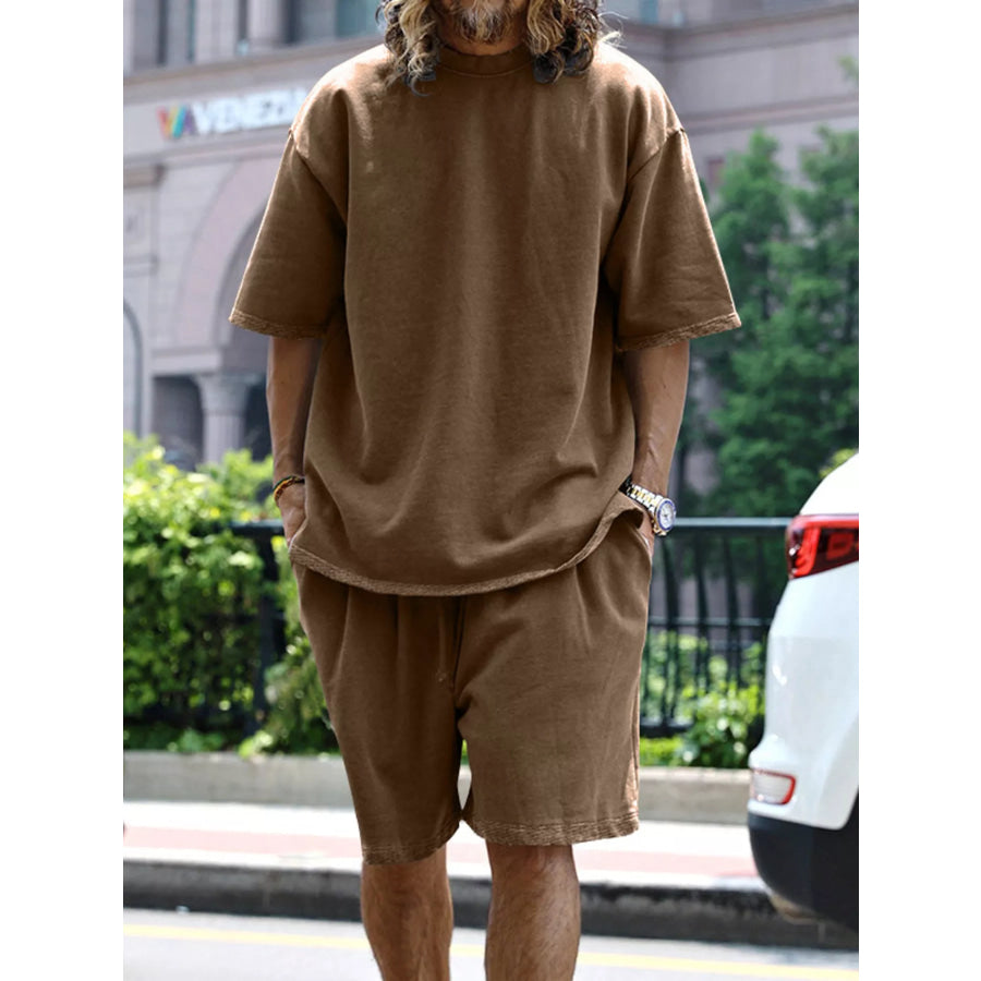 Men’s Full Size Relaxed Fit T-Shirt & Shorts Set Plus Size Brown / S Apparel and Accessories