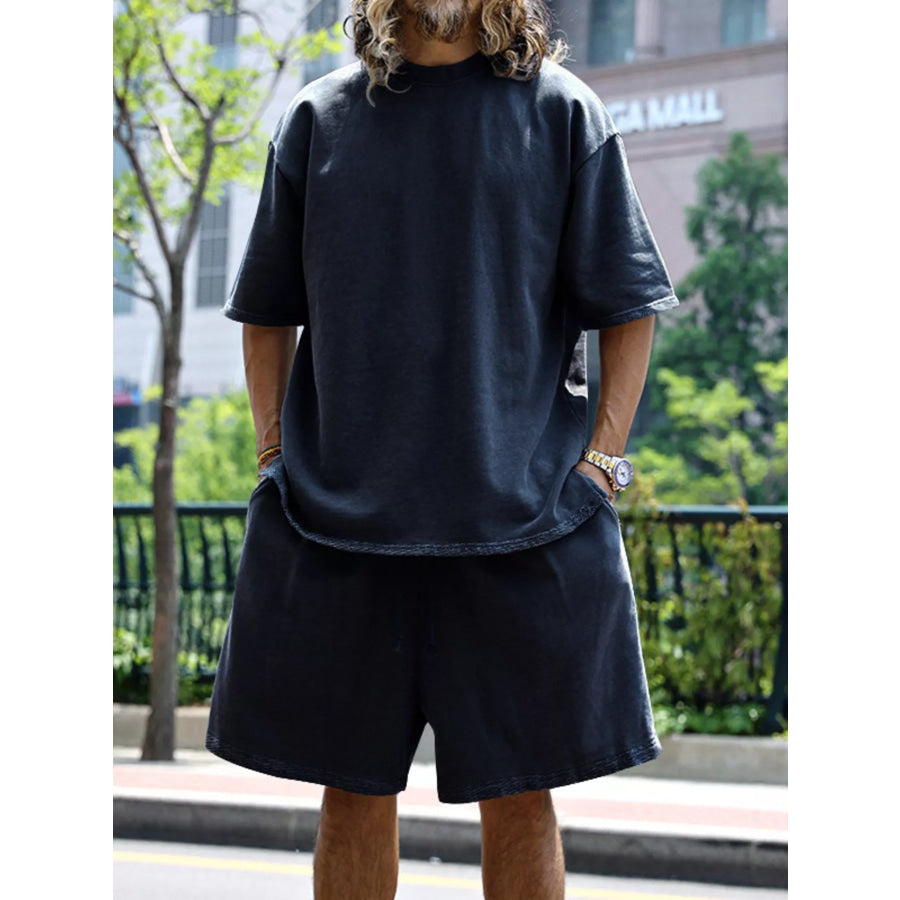 Men’s Full Size Relaxed Fit T-Shirt & Shorts Set Plus Size Navy / S Apparel and Accessories