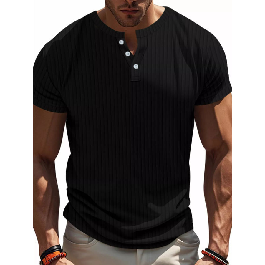 Men’s Full Size Ribbed Button-Down Casual T-Shirt Plus Size Black / S Apparel and Accessories