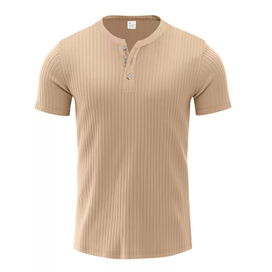 Men’s Full Size Ribbed Button-Down Casual T-Shirt Plus Size Khaki / S Apparel and Accessories