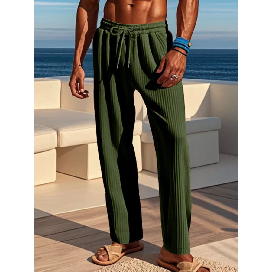 Men’s Full Size Ribbed Knit Wide-Leg Pants Plus Size Army Green / S Apparel and Accessories