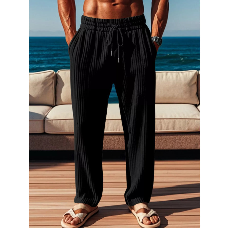 Men’s Full Size Ribbed Knit Wide-Leg Pants Plus Size Black / S Apparel and Accessories