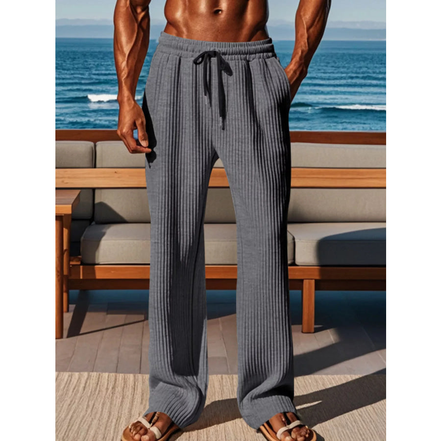 Men’s Full Size Ribbed Knit Wide-Leg Pants Plus Size Dark Gray / S Apparel and Accessories