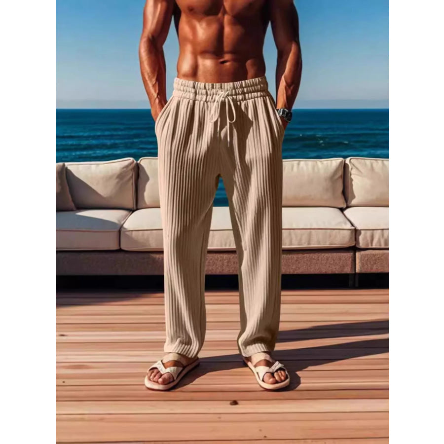 Men’s Full Size Ribbed Knit Wide-Leg Pants Plus Size Khaki / S Apparel and Accessories