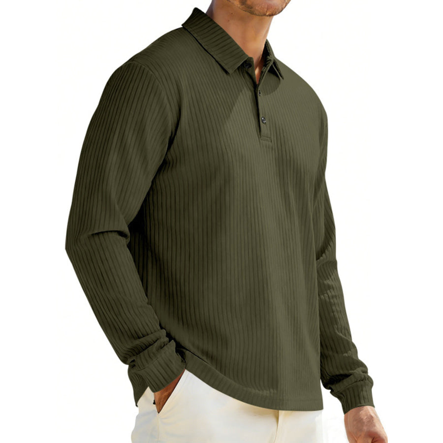 Men’s Full Size Ribbed Long Sleeve Polo with Button Detail Plus Size Apparel and Accessories