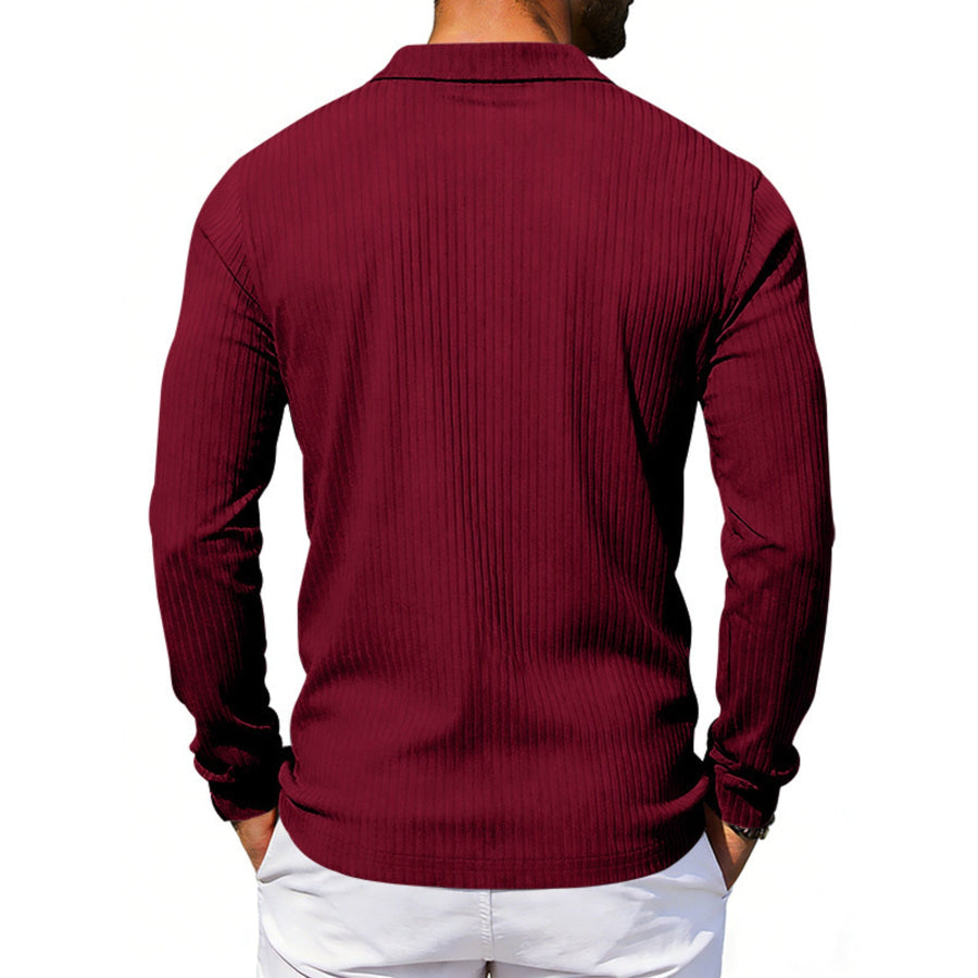 Men’s Full Size Ribbed Long Sleeve Polo with Button Detail Plus Size Apparel and Accessories
